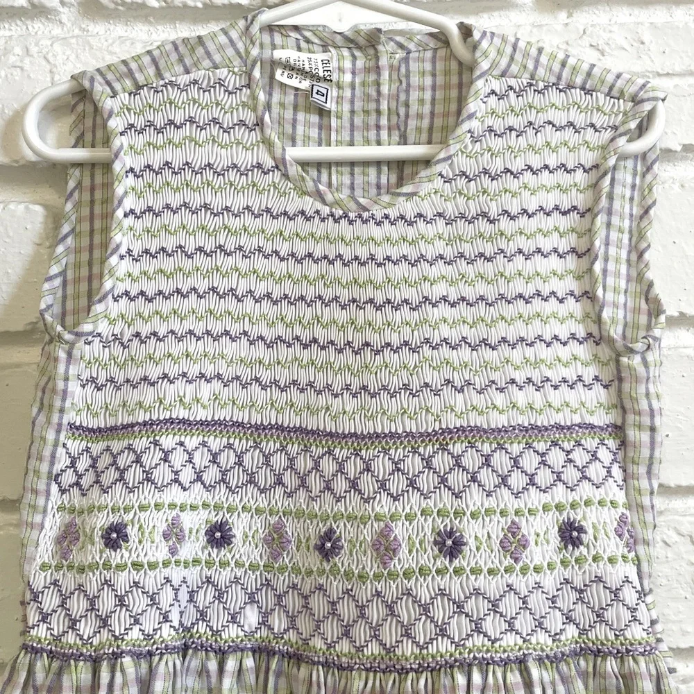 Celeste Smocked Gingham Dress. Lavender, white, green. Floral accents Size 4 EUC